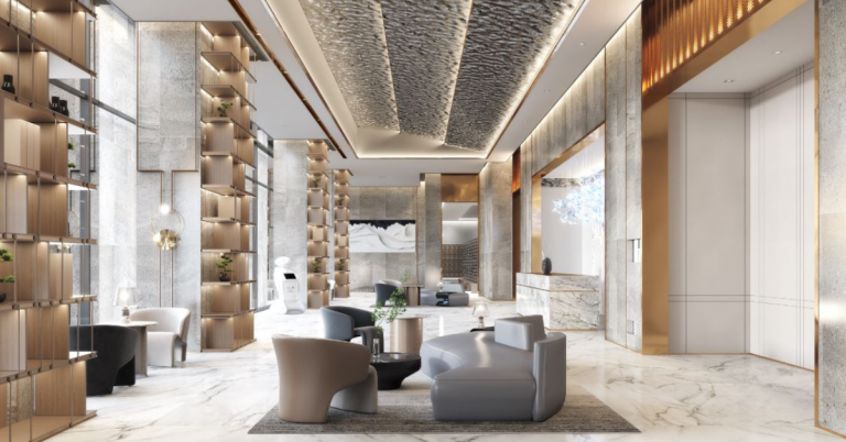 A luxurious and inviting lobby at Sands Residences, featuring contemporary design, elegant furnishings, and warm lighting.