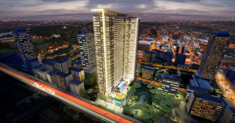 Facade of Glam Residences showcasing its modern and sleek architecture in the heart of Quezon City's business district.
